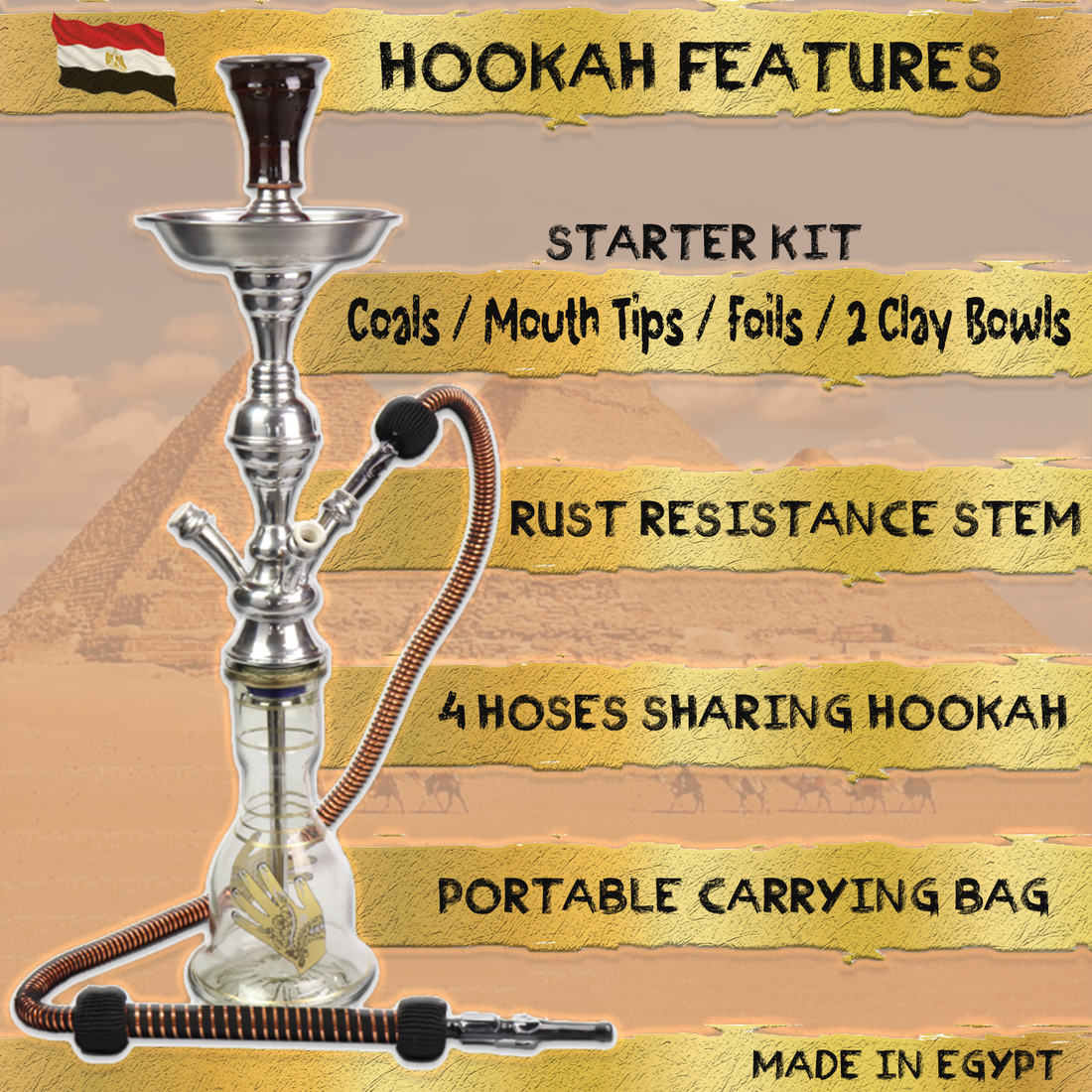 4 Hose Egyptian Sharing Hookah  Complete Set w/ Bag