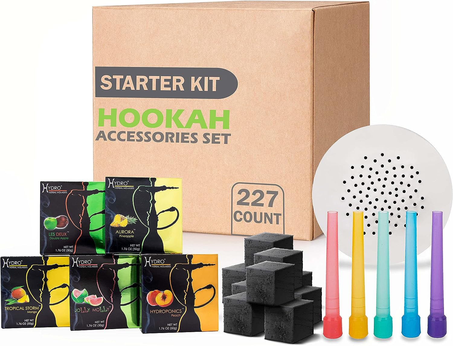 Hookah Accessories Set: 72 Charcoal, 50 Disposable Mouth Tips, 5 Hydro  Flavor Assortments, 100 Pre-Punched Aluminum Foils