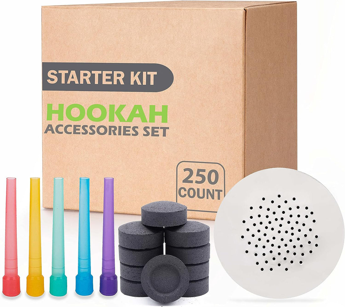 Hookah Accessories Set: 100 Charcoal, 50 Mouthpiece, and 100 Pre-Punched Aluminum Foil Sheets with Holes