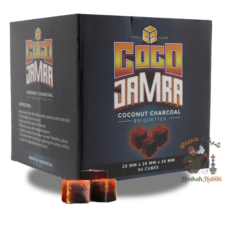 Coco Jamra 26mm coconut charcoal cubes, 64-pack, showing the uniform size and shape of the cubes.&quot; (If the image shows the uniform size)
&quot;Coco Jamra 26mm coconut charcoal cubes, 64-pack, highlighting the natural coconut shell texture